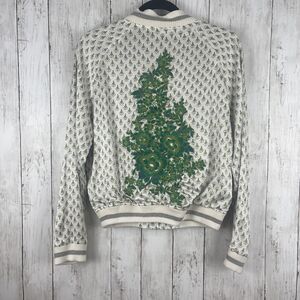 Tiny Editions Anthropologie Jacket Medium Ivory Floral Amber Embroidered Bomber